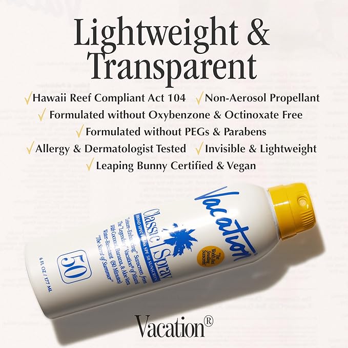 Vacation Classic Sunscreen Spray SPF 50 & Air Freshener Bundle, Water-Resistant, Lightweight, Transparent on All Skin Tones, Dermatologist-Tested, Vegan, 6 Fl. Oz.