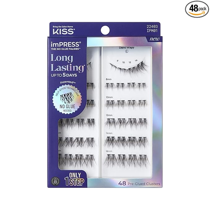 Kiss Impress False Eyelashes, Lash Clusters, Long Lasting, 'Demi Wispy', 8mm-16mm, Includes 48 Pre-Glued Clusters, Contact Lens Friendly, Easy to Apply, Reusable Strip Lashes