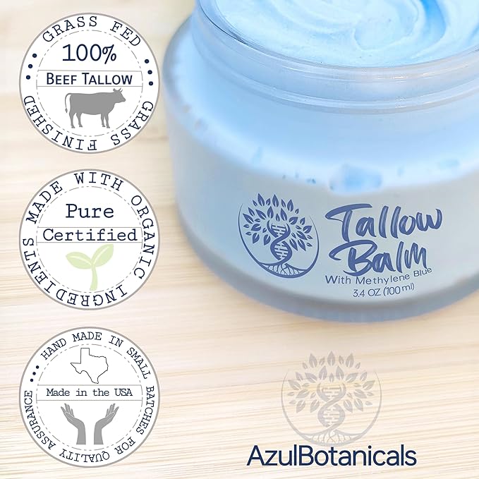 Methylene Blue Infused Whipped Grass Fed Beef Tallow Balm, Anti-Aging, Moisturizer, Stretchmarks, Rosacea, Psoriasis, Eczema, Acne, All skin types, (3.4 oz)