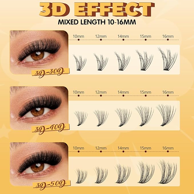 QUEWEL DIY-Lash-Extension-Kit, 3D Fluffy-Lashes-Clusters-Kit with 280PCS 30+40+50D Lashes Clusters Mixed 10-16mm Eyelash Clusters, Lash Bond and Seal, Eyelashes Tweezers DIY at Home(3D 30+40+50 KIT)