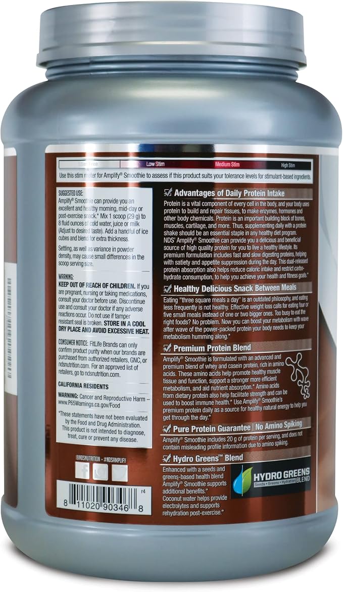 AMPLIFY NDS Nutrition Smoothie Premium Whey Protein Powder Shake with Added Greens and Amino Acids - Build Lean Muscle, Gain Strength, Lasting Energy, and Lose Fat - Double Chocolate (30 Servings)