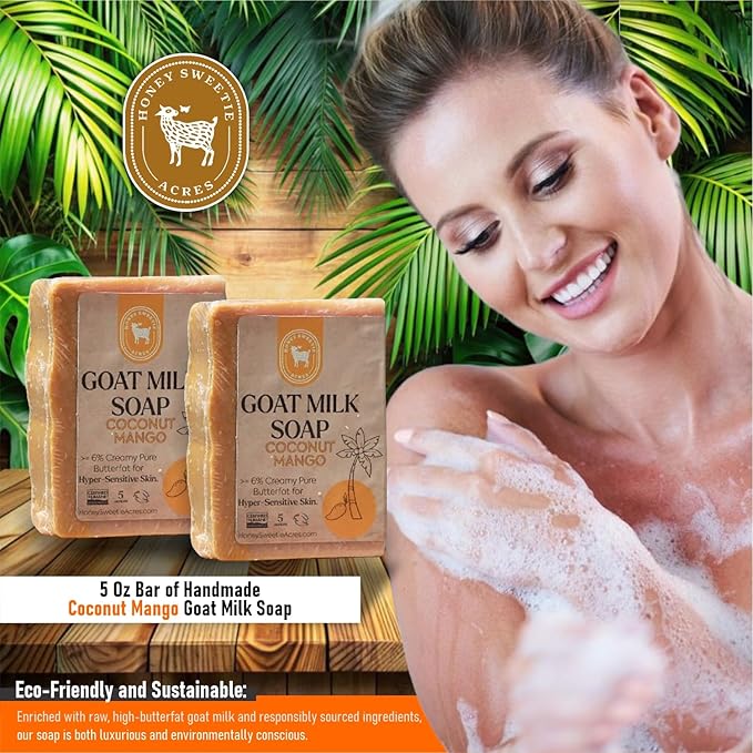 Honey Sweetie Acres 2-Pack Coco Mango Goat Milk Soap - Handmade 5 oz Bar, Made with Natural Ingredients, Moisturizing & Gentle, Made in the USA
