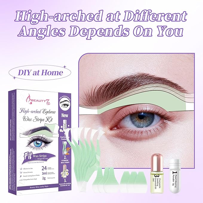 Beauty7 Eyebrow Wax Strips High-arched Eyebrow Wax Strips Kit Hair Removal at Home Waxing 24 Strips with Pearl Powder Essential Oil for Sensitive All Skin Types Women
