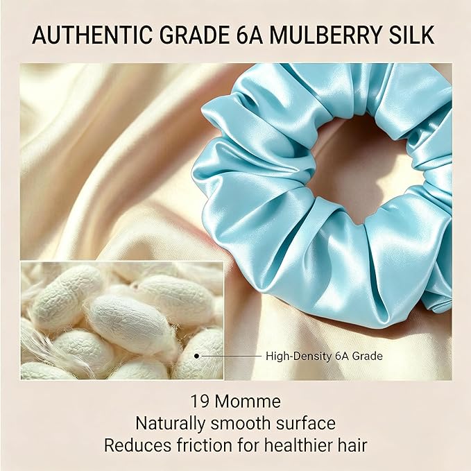 ZLYC 100% Mulberry Silk Scrunchie 19 Momme Gentle Creaseless Hair Tie for Women Dent-Free Ponytail Holder, 3.5cm Solid Light Blue