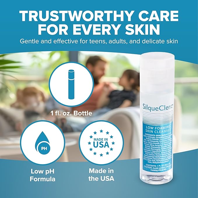 SilqueClenz Low Foaming Skin Cleanser – Gentle, Low pH Wound Cleanser for Scars, Sensitive Skin & Post-Op Areas - Hydrates with Flax Seed Extract & Vitamin B5 – Compact Travel-Ready Bottle, 1 fl. oz