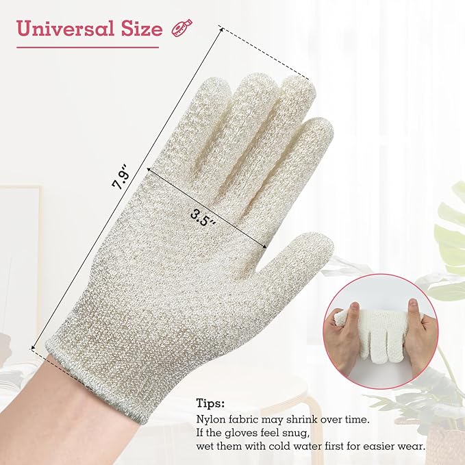 Evridwear Exfoliating Gloves for Shower, 100% Nylon Thick Soft Medium Heavy Bathing Gloves Dead Skin Remover Body Scrubber Smooth Skin with Hang Loop (White Gentle Exfoliation- 3 Pairs)