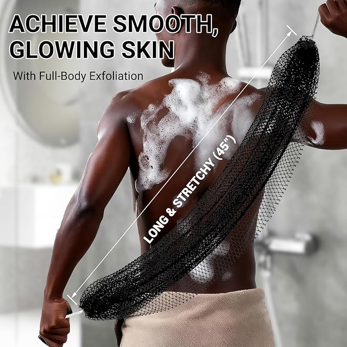 African Net Sponge Authentic for Exfoliating - Extra Knots for Deep Cleansing & Back Scrubbing - Body Scrubber Washcloth for Women & Men - Daily Shower Exfoliator for Smooth, Glowing Skin(Black)
