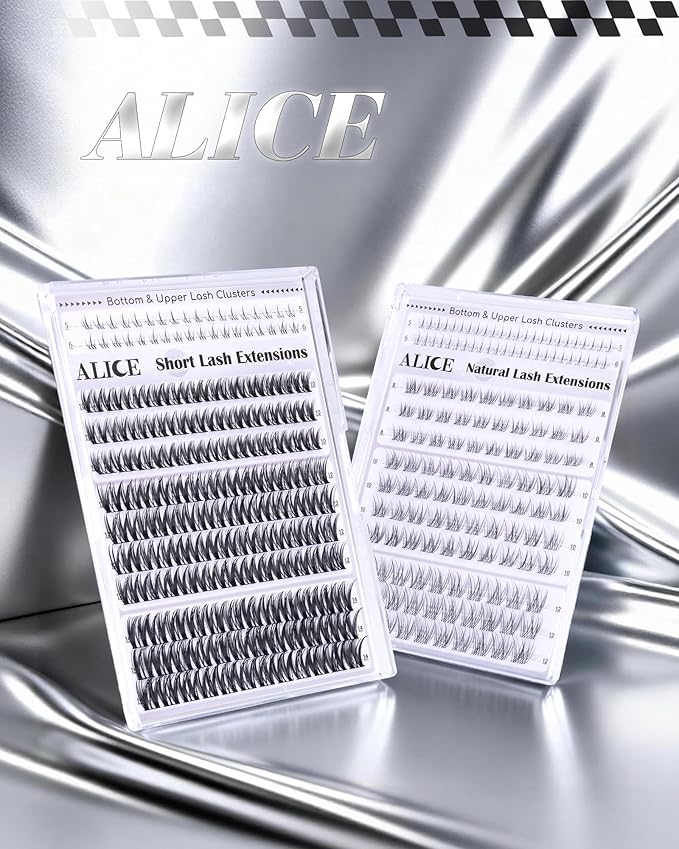 ALICE Eyelash Clusters Natural Short Lash Clusters 8-12mm Wispy Cluster Eyelash Extensions Clear Band Individual Lashes with 5-6mm Bottom Lashes