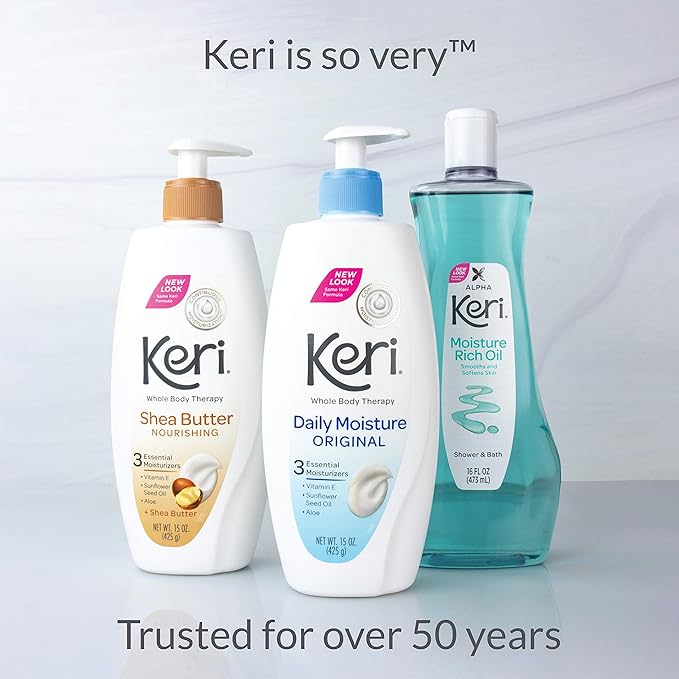 Keri Whole Body Therapy Original Shea Butter Lotion, Continuous Moisturization, 3 Essential Moisturizers (Vitamin E, Aloe and Sunflower Seed Oil) 15 oz.