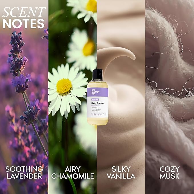Her Fantasy Box | Body Splash Mental Reset Fragrance Oil – Lavender, Chamomile & Warm Vanilla Scent with Soft Amber & Musk, Lightweight Hydrating Body Oil, Vegan & Cruelty Free