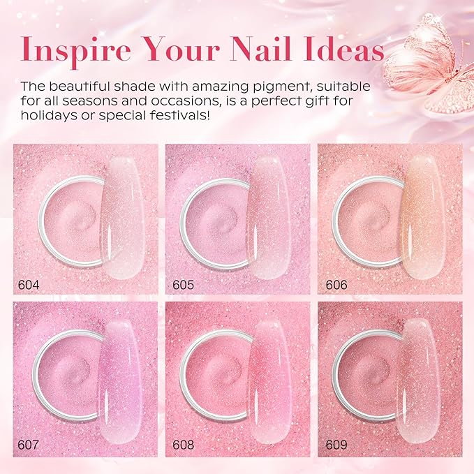 AZUREBEAUTY Dip Powder Nail Kit, 6 Colors Jelly Pink Transparent Nude Hot Pink Peach Dip Dipping Powder Starter Set, French Nail Art Manicure DIY Salon, No Need Nail Lamp Cured Mother's Day Gift