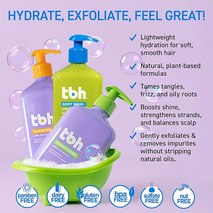TBH Kids & Teen Hair and Body Care Set – Shampoo, Conditioner & Body Wash with Natural Ingredients – Sulfate & Paraben Free – Gentle for All Hair & Skin Types – 3-Pack, 12 oz Each