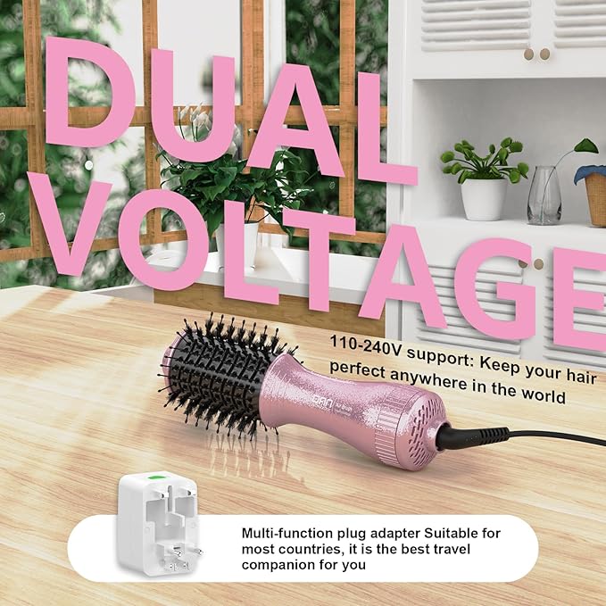 DAN Travel Hair Dryer Brush,Dual Voltage Hair Dryer Brush,Mini Blow Dryer Brush for Home and International Travel, (100V-240V) Auto Dual Voltage&Multi-Function Plug Adapter