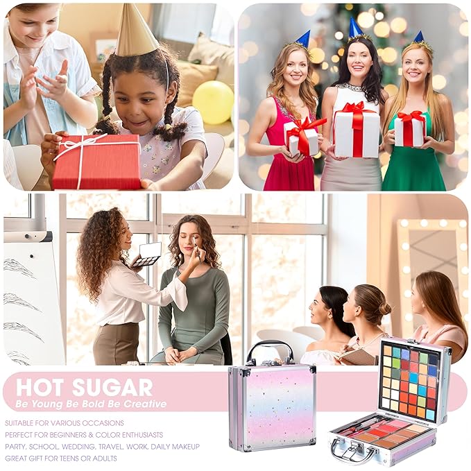 Hot Sugar Girls Makeup Kit for Teenagers 13-15 and Women Includes Eyeshadow Lip Gloss Blush Highlighter Bronzer Brush (Rainbow)