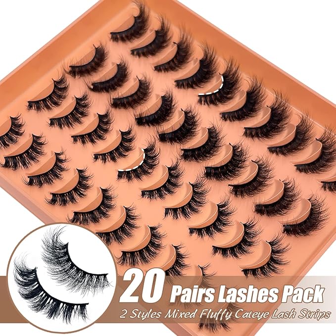 Mink Lashes Wispy Cat Eyelashes Strip False 3D Eyelashes 16mm Short Fluffy Lash Natural Look Faux Mink Cat eye Lashes Multipack Pack 2 Styles Mixed YH309