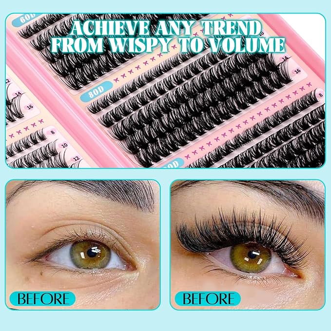 GEMERRY Lash Clusters Kit 1733Pcs Fluffy Lash Clusters Thick Eyelash Clusters Eyelash Extension Kit with Waterproof Bond and Seal Tweezers for Beginners(30D-200D+Spike+Bottom)