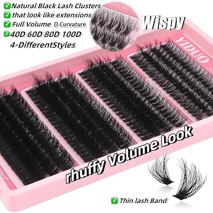 YIDUO Lash Clusters Kit 40D+60D+80D+100D Volume Lashes Extensions Kit 10-16mm Wispy Individuals Fake Eyelash, 308Pcs All-in-1 Pack with Bond and Seal|Tweezers |Removers |Eyelash & Eyebrow Brush