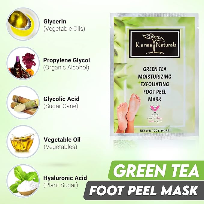 Foot Peel Mask Green Tea Moisturizing Exfoliating Foot Masks - Karma Organic Feet Peeling Masks for Dry ed Feet, Remove Dead Skin & Calluses - Removes & Repairs Rough Heels, Dry Toe Skin (Pack of 2)