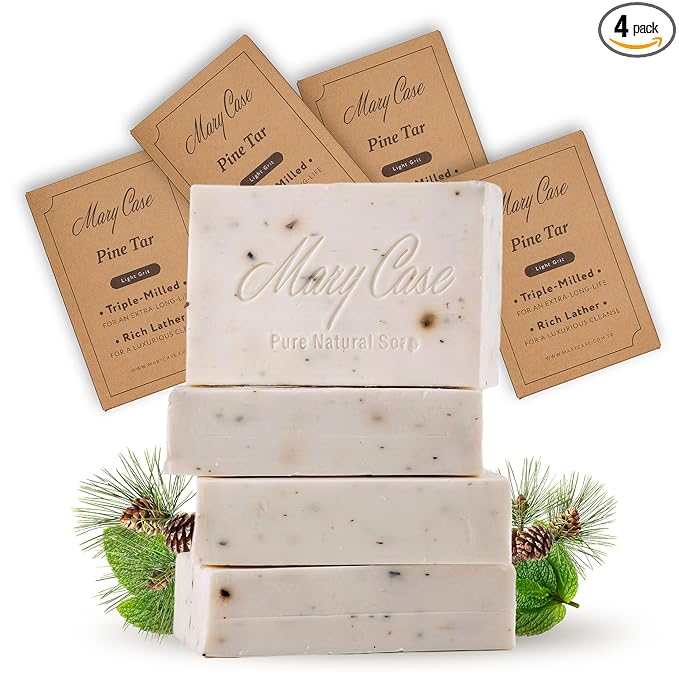 Mary Case Pine Tar Bar Soap Set of 4 | Natural Soap with Olive, Coconut & Pine Oils + Dried Mint | Vegan Bath Soap for Men & Women | Revitalizing & Soothing Skin Care