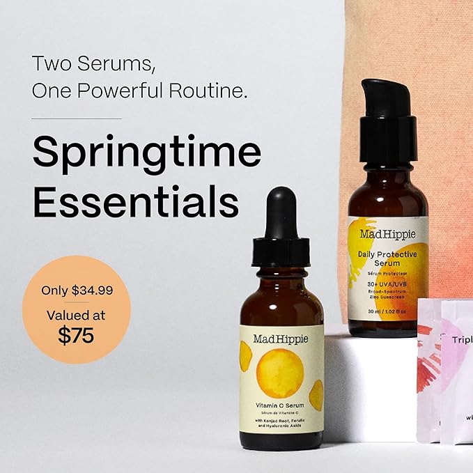 Mad Hippie Vitamin C Serum, Daily Protective SPF Serum + 3 Assorted Pillow Packs – “Springtime Essentials” Wrapped in Watercolor Dots Canvas Tote Bag