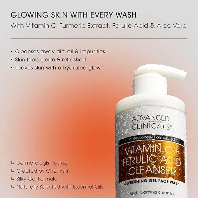 Advanced Clinicals Exfoliating Glycolic Acid & Salicylic Acid Face Wash + Hydrating Vitamin C Facial Cleanser 2pc AM/PM Skin Care Set For Women & Men To Gently Exfoliate & Cleanse Dirt & Oil, 2PC