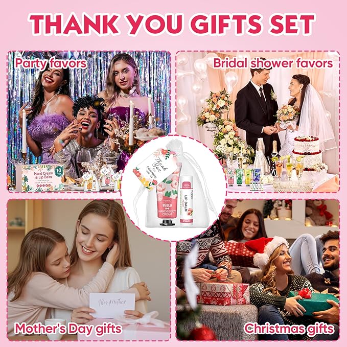 VESPRO 10 Pack Bulk Hand Cream and Lip Balm Sets, Mothers Day Gifts for Mom, Teacher Appreciation Gifts, Nurses Week Gifts, Thank You Gifts and Birthday Gifts with Thank Card Organza Bags