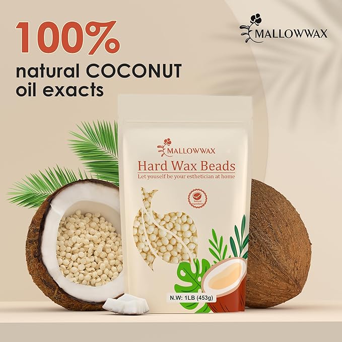 Mallowwax Hard Wax Beads, 1lb Cream Wax Beans for Hair Removal, Waxing Beads Refill for Bikini, Armpit, Arms, Back, Chest, Legs, Suitable for Home Waxing for Women Men