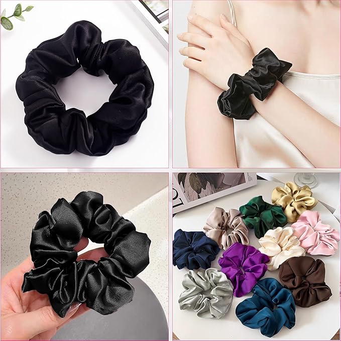 SALE!! Mulberry Silk Scrunchies - 16 Momme Satin Silk Hair Ties for Women, Girls with Curly, Thick or Thin Hair (1, 10 Black)