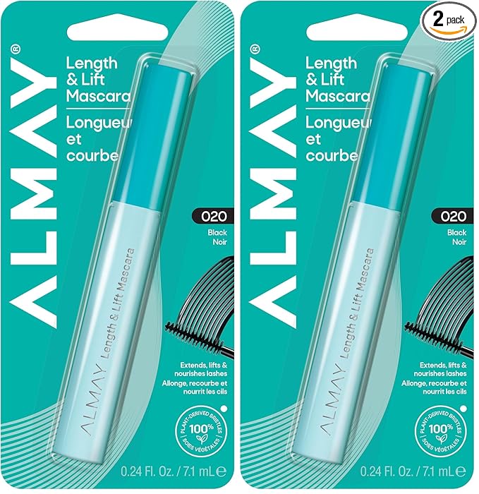 Almay Lenghthening Mascara,Volume & Lift, Eye Makeup, Hypoallergenic and-Fragrance Free, 020 Black Noir, 0.24 Fl Oz (Pack of 2)