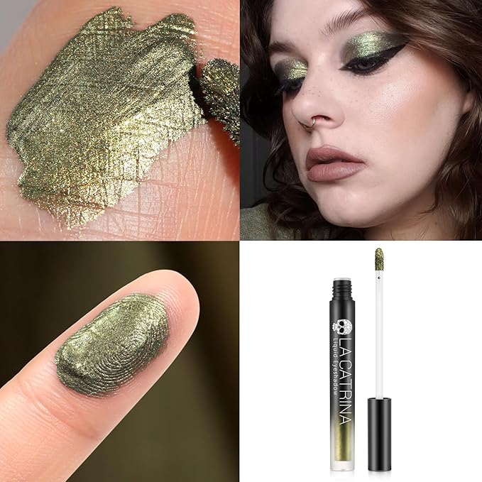 Olive Green Liquid Metallic Eyeshadow, High Impact Sparkle Liquid Eye Shadow for Hazel Eyes, Long Lasting Quick-Drying Shimmer Eyeshadow Eyeliner Makeup for Daily, Party,Vacation, No Fading, Vegan #08