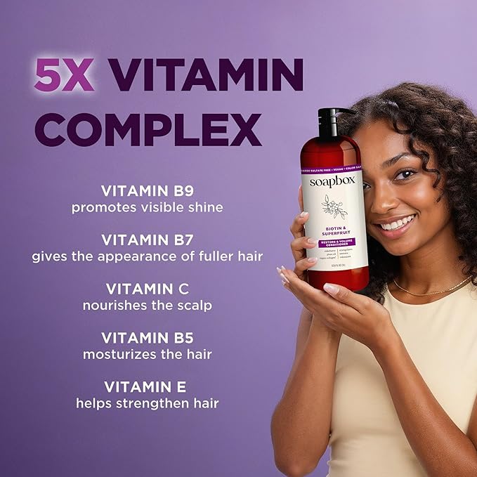Soapbox Biotin & Super Fruit Shampoo & Conditioner Set, Leaves Hair Volumized & Strengthened - Clean Ingredients Free of Harsh Chemicals, Sulfates, Parabens & Silicones - 1 Liter Each
