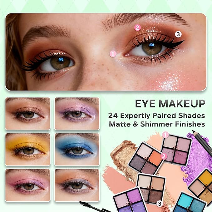 Color Nymph Beginner Makeup Kits For Teens With Train Case Included Full Makeup Kit Eyeshadow Palette Blushes Bronzer Highlighter Lipstick Brushes Mirror (Green)