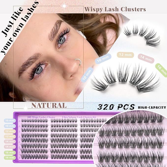 Wispy Lash Clusters Kit, Natural Lash Cluster Eyelash Extensions 320 Pcs C Curl 10-16mm Individual Fluffy False Eyelashes Thin Band DIY Kit for Beginners at Home