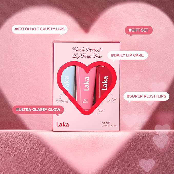 Laka Plush Perfect Lip Prep Trio, 10ml/0.33 fl.oz*3ea, Lip Gift Sets for Women, Vivid Color Lip care, Jelly tip for Hygienic Application, Moisture Plumping Conditioner, K-Beauty