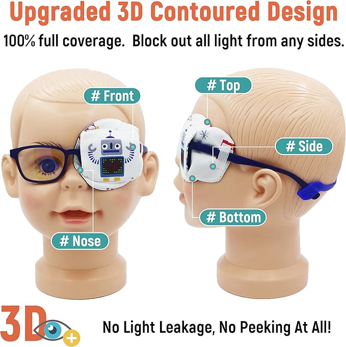 Astropic 3D Cotton & Silk Eye Patch for Kids | Boys Eye Patch for Glasses | Medical Eyepatch for Children with Lazy Eye (Gray Robot, Left Eye)