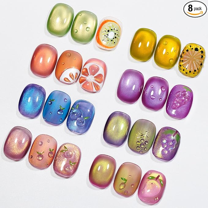 MIZHSE Cat Eye Gel Nail Polish, Fruit Colors Magnetic Gel Polish Set with Magnet, Neon Cateye Effect Green Purple Yellow Soak Off Nail Art Manicure Home Gift for Ladies