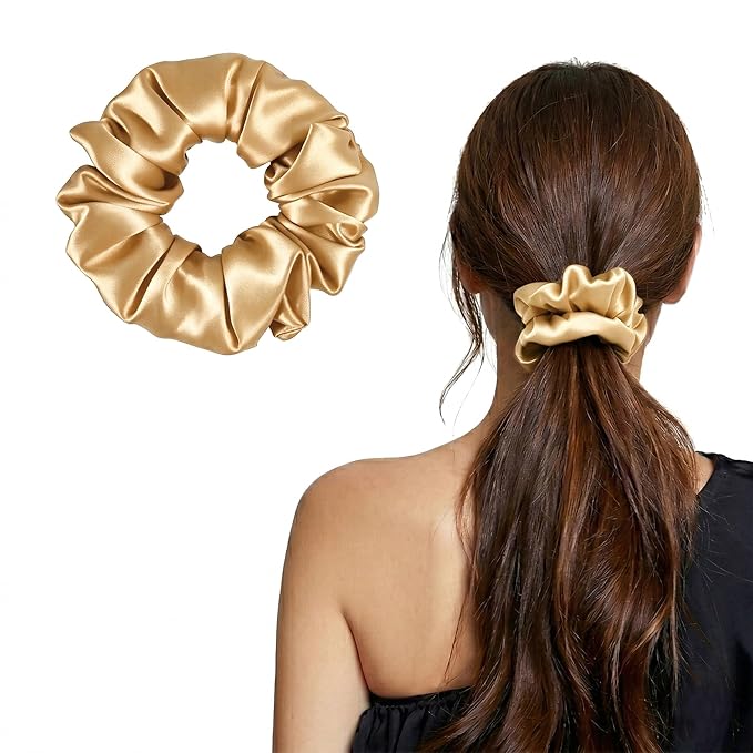 ZLYC 100% Mulberry Silk Scrunchie 19 Momme Gentle Creaseless Hair Tie for Women Dent-Free Ponytail Holder, 3.5cm Solid Champagne Gold