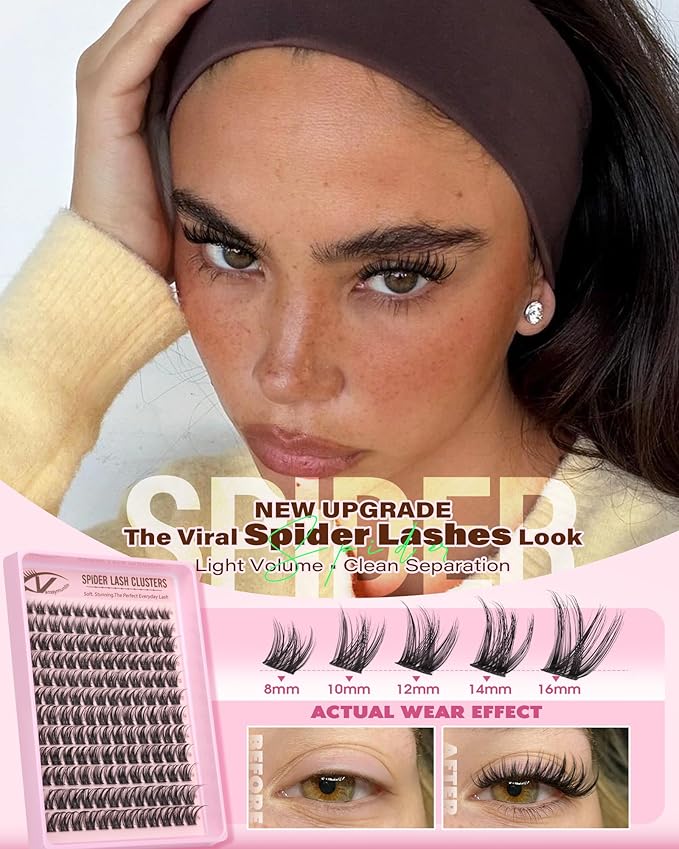 Spider Lashes Kit Natural Lash Clusters Kit Wispy Clusters Eyelash Extensions Fluffy Eyelash Clusters Kit Spikes Individual Lashes C-Curl Lashes Clusters Fairy Lash Extension Kit with Brush 8-16MM