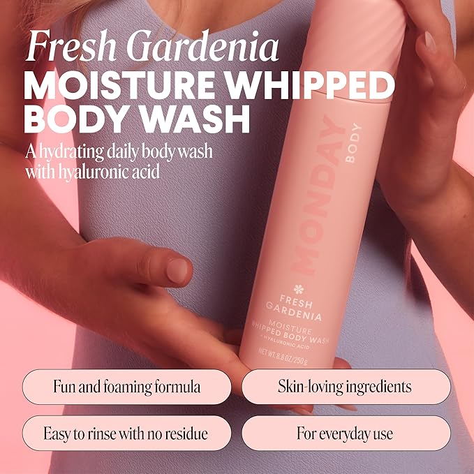 MONDAY HAIRCARE MOISTURE Whipped Body Wash in Fresh Gardenia Scent with Hyaluronic Acid for All Skin Types, 8.8 oz
