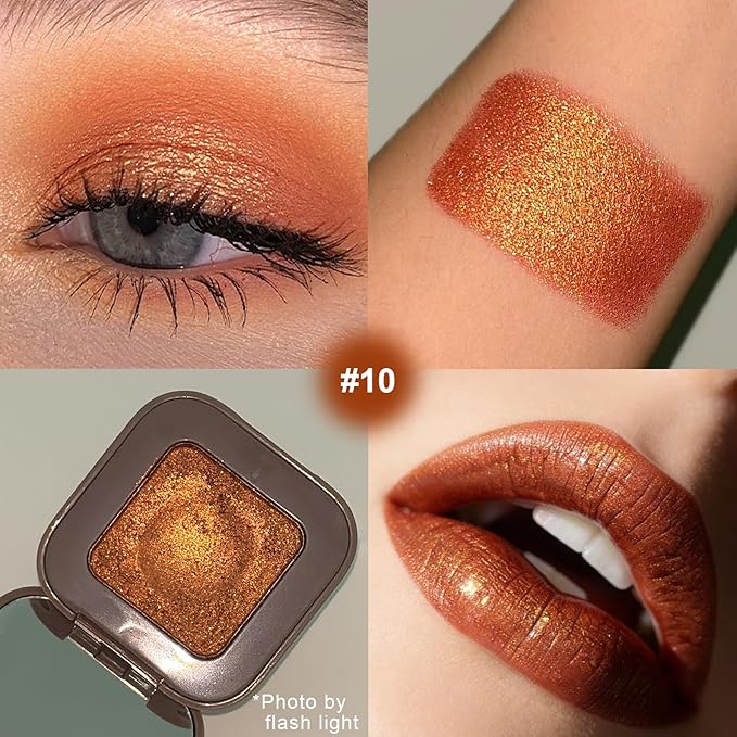 KYDA Chameleon Metallic Eyeshadow, Chrome Shimmer Eye Shadow Makeup, Smooth Pressed Powder Palette with Mirror, High Pigment Soft Eyeshadow, Lasting Glitter Eye Look, 10a Golden Orange