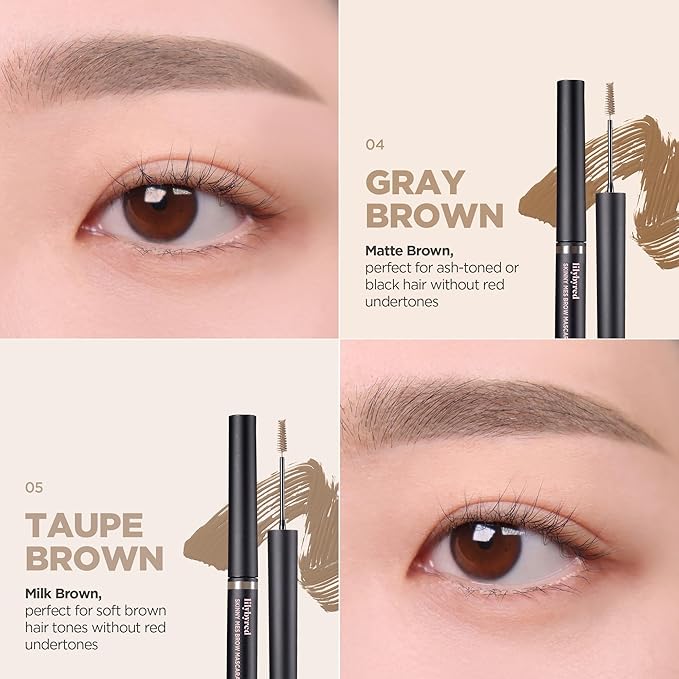 lilybyred Skinny Mes Brow Mascara | Korean 1.5mm Ultra-Slim Brush Eyebrow Mascara, Precision Application, Natural-Looking Finish, Smudge-Proof, Clump-Free, Long-Lasting, 0.12 oz. (01 Light Brown)