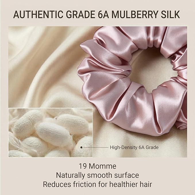 ZLYC 100% Mulberry Silk Hair Tie Scrunchie 19 Momme Gentle Creaseless Dent-Free Ponytail Holder for Women, 6cm Solid Pale Dusty Pink