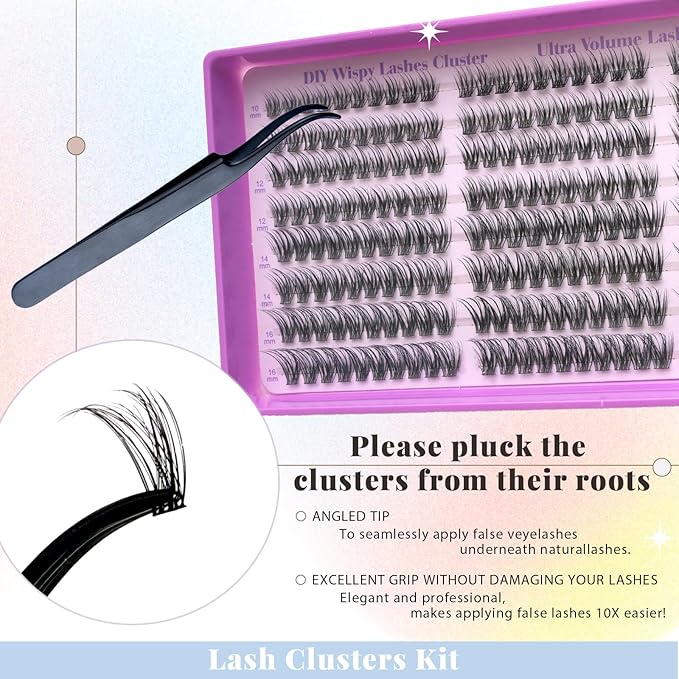 Wispy Lash Clusters Kit, Natural Lash Cluster Eyelash Extensions 192 Pcs C Curl 10-16mm Individual Fluffy False Eyelashes Thin Band DIY Kit for Beginners at Home
