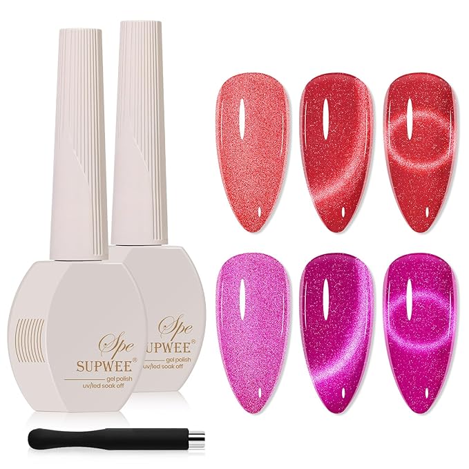 2PCS 15ML Cat Magnetic Eye Gel Nail Polish, Red Hot Pink Cateye Gel Nail Polish Holographic Glitter Shimmer Effect with Magnetic Stick Soak Off Salon DIY at Home