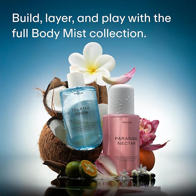PHLUR Island Swim Body Mist, 8 Fl Oz - Hair and Body Perfume, Tropical Citrus Coconut Body Spray with Bergamot, Plumeria & Sandalwood Fragrance