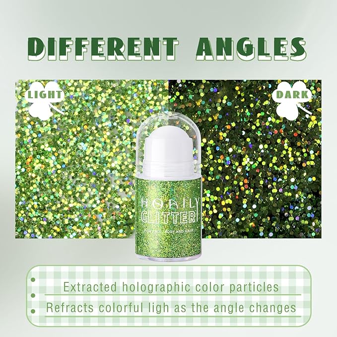 HOSAILY Roll-on Holographic Body Glitter Gel for Face Hair, Chameleon Color Changing Glitter Gel Under Light, Chunky Mermaid Sequins Festival Party Rave Accessories Shimmer Makeup (Laser Green)
