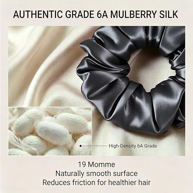ZLYC 100% Mulberry Silk Hair Tie Scrunchie 19 Momme Gentle Creaseless Dent-Free Ponytail Holder for Women, 6cm Solid Gray