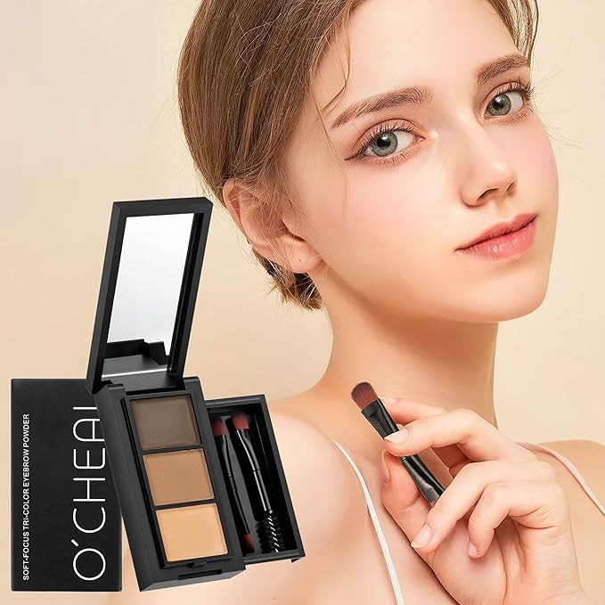 CCbeauty Eyebrow Powder Makeup Kit,3 Colors Eye Brow Powder Palette, Long Lasting Waterproof Brown Brow Filler, With Buit-In Mirror, Brow Brush, Brow Razor, Brow Tweezers, 10Pcs Eye Brow Stencil