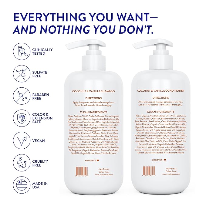 Routine Wellness Anti-Thinning Shampoo and Conditioner Set for Thinning Hair - Biotin DHT Blocker Women & Men - Color Safe Shampoo for Hair Loss & Healthier Hair - Coconut & Vanilla Set