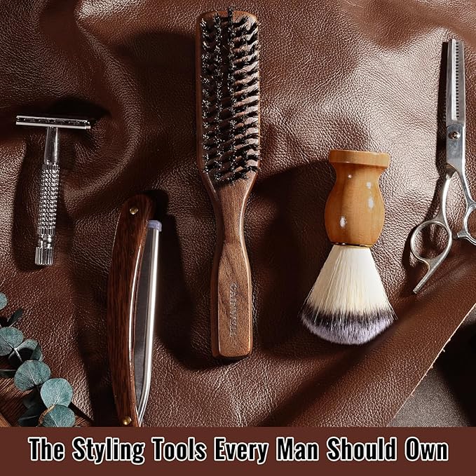 GAINWELL Mens Hair Brush Beard Comb Set, Slick Back Boar Bristle Hair Brush with Stiff Bristles for Thick Hair, Natural Black Walnut Gold Sandalwood Handle, Beard Mustache Brushes Comb Kit